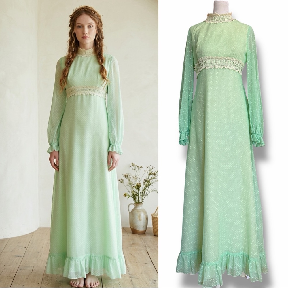 Vintage 1970s Sylvia Ann Mint Green Swiss Dotted Prairie Maxi Dress Modern XS-S